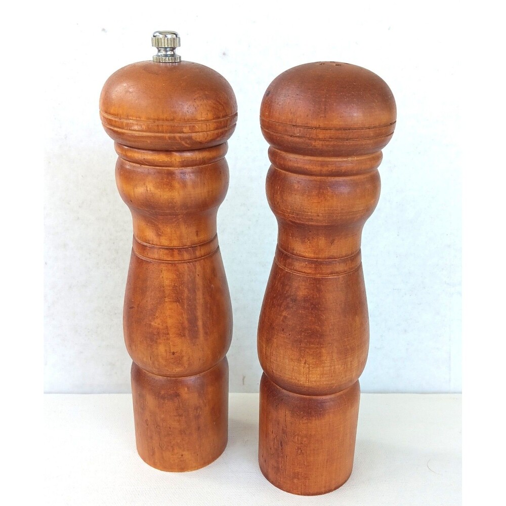Vintage MCM Wooden Penzey's Spices Gesundheit Salt Shaker and Pepper Grinder